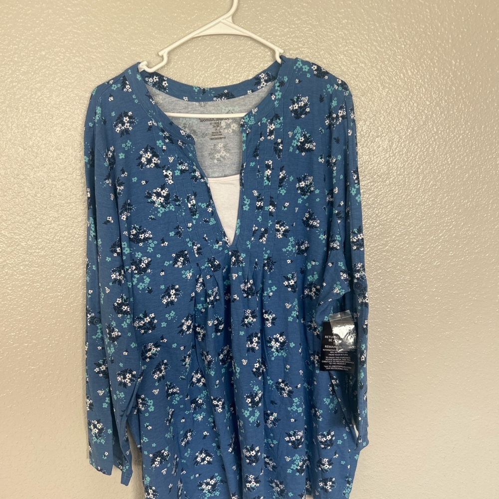 Woman Within Blue Floral Henley Tunic with Scoop Inset